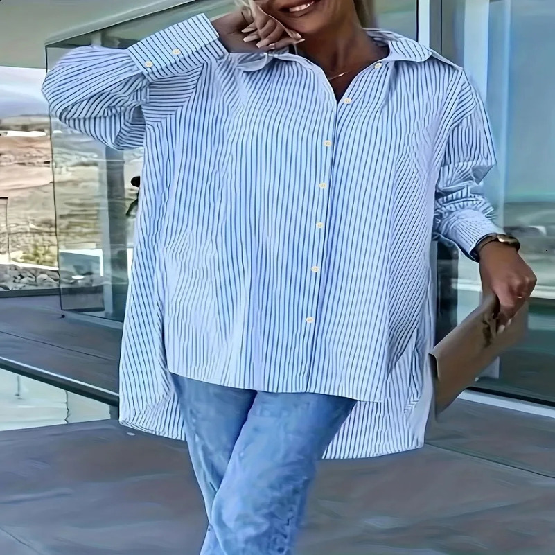 Plus Size 1XL-5XL Women Casual Loose and Comfortable Asymmetric Striped Long Sleeve Shirt Blouse 250313