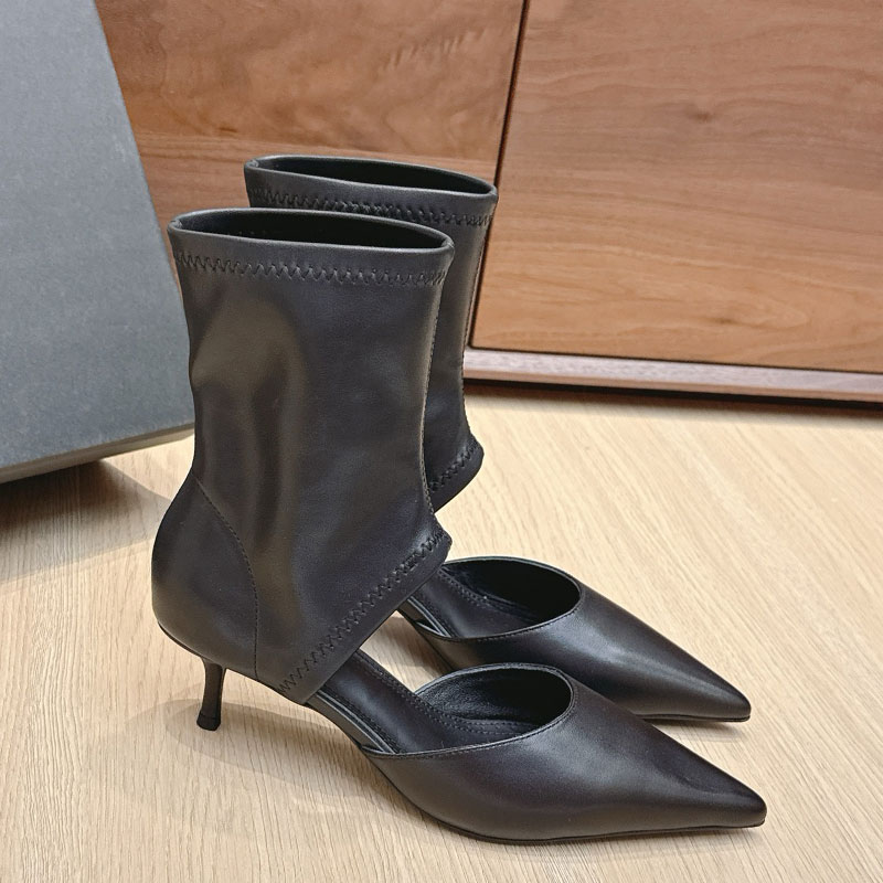 2025 new Luxury Ankle boots Middle heel booties Designer shoe woman Stilettos Black fashion Boots Stretch leather Suede hollow-out style Womens Pointy Ladg boot
