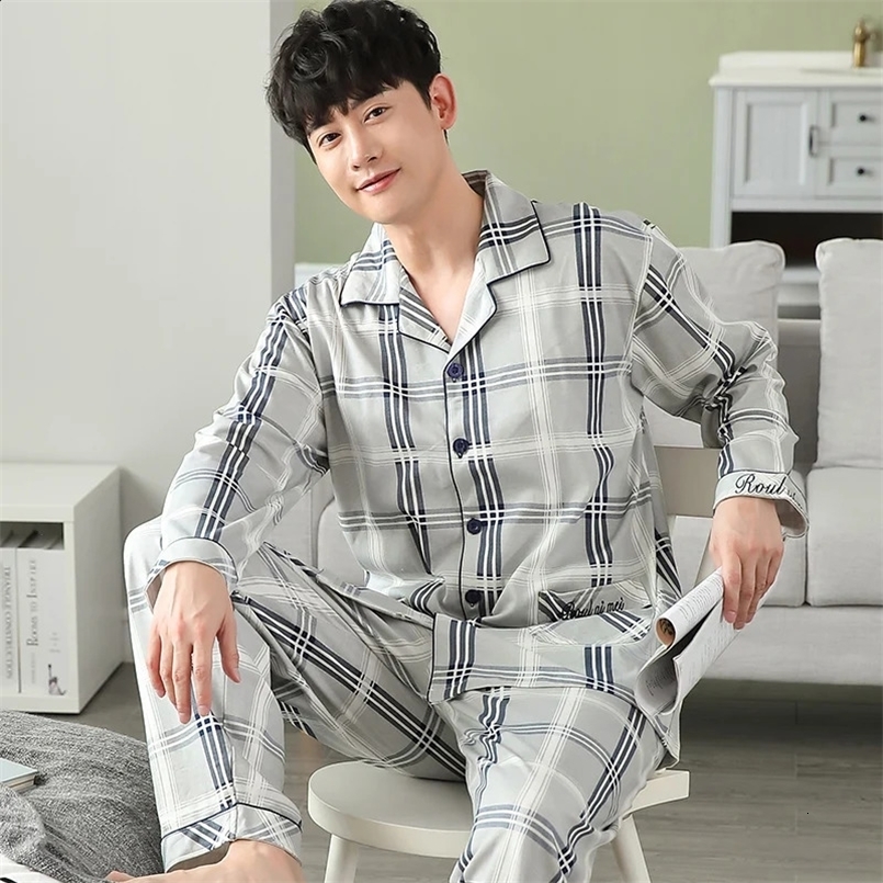 Men Pyjama Set Full Cotton Spring Long Sleeve Print Men Pajama Suit Autumn Nightwear Collar Pijama Male Sleepwear Two Piece 4XL 240828