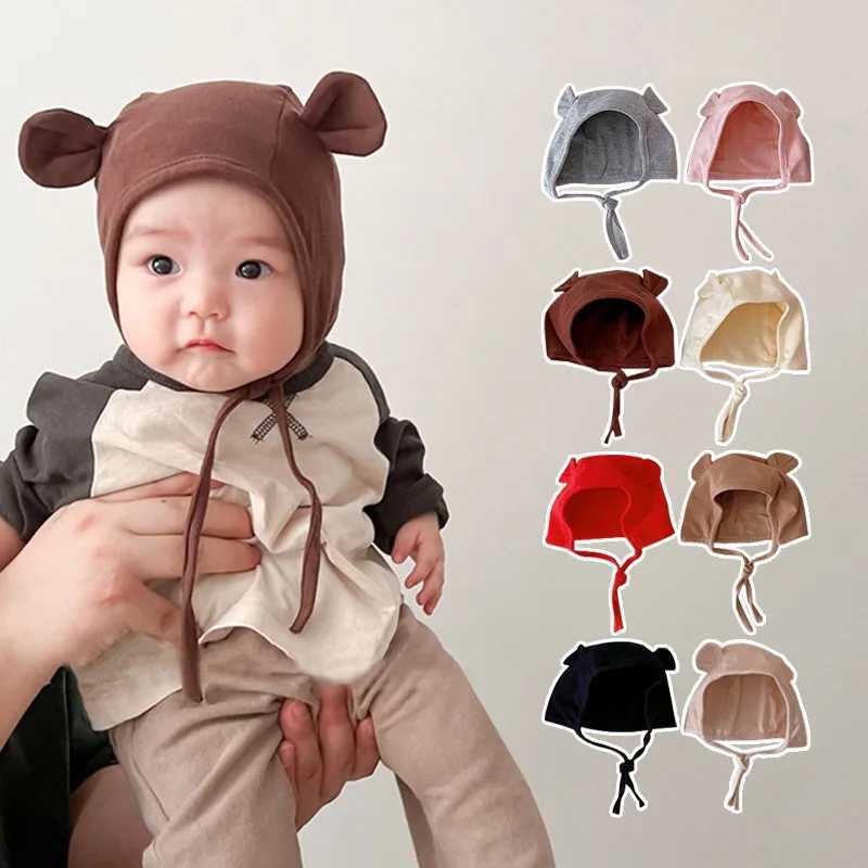 Cute Bear Ear Baby Beanie Cap Soft Cotton Newborn Ear Protection Hat Korean Solid Color Infant Boy Girl Laceup Bonnet Z251029