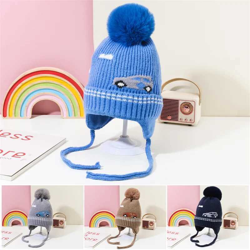 Cartoon Baby Ear Protection Knit Hat Winter Warm Kids Earmuffs Cap 14 Years Boy Girl Children Tie Up Beanies Pompom Ball Bonnet Z2509221