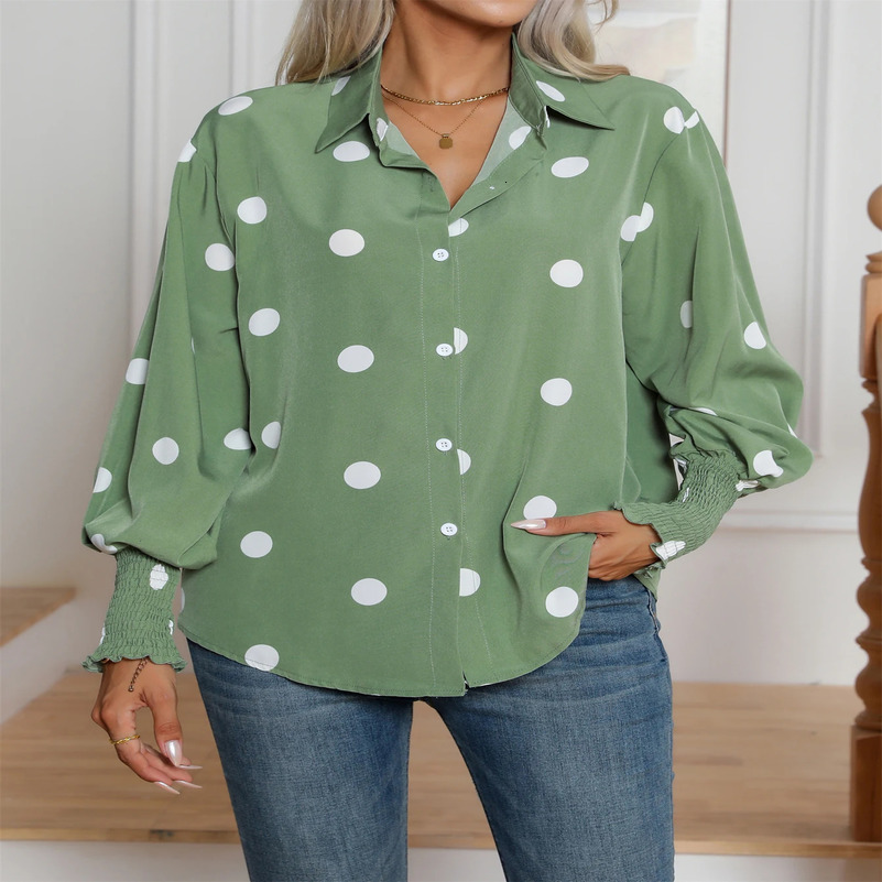 Casual Lapel Button Down Balloon Polka Dot Print Lantern Sleeve Shirt Womens Clothing 250417