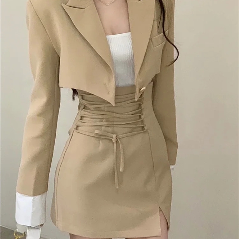 2 Piece Dress Set Women Casual Y2k Crop Tops Elegant Jacket Coats Mini Skirts Korean Fashion Suits Spring Blazers Dress 240826