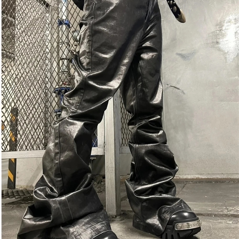 High Street Wide Leg Glossy Pu Leather Pants Sashes Boot Cut Men and Wome Straight Baggy Casual Jeans Oversized Flared Trousers 240816
