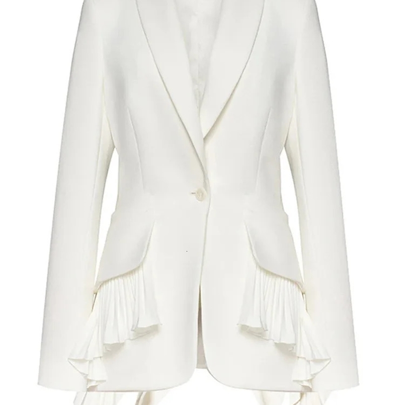 EAM Women White Irregular Pleated Ruffles Elegant Blazer Lapel Long Sleeve Jacket Fashion Spring Autumn 1DH4840 240826