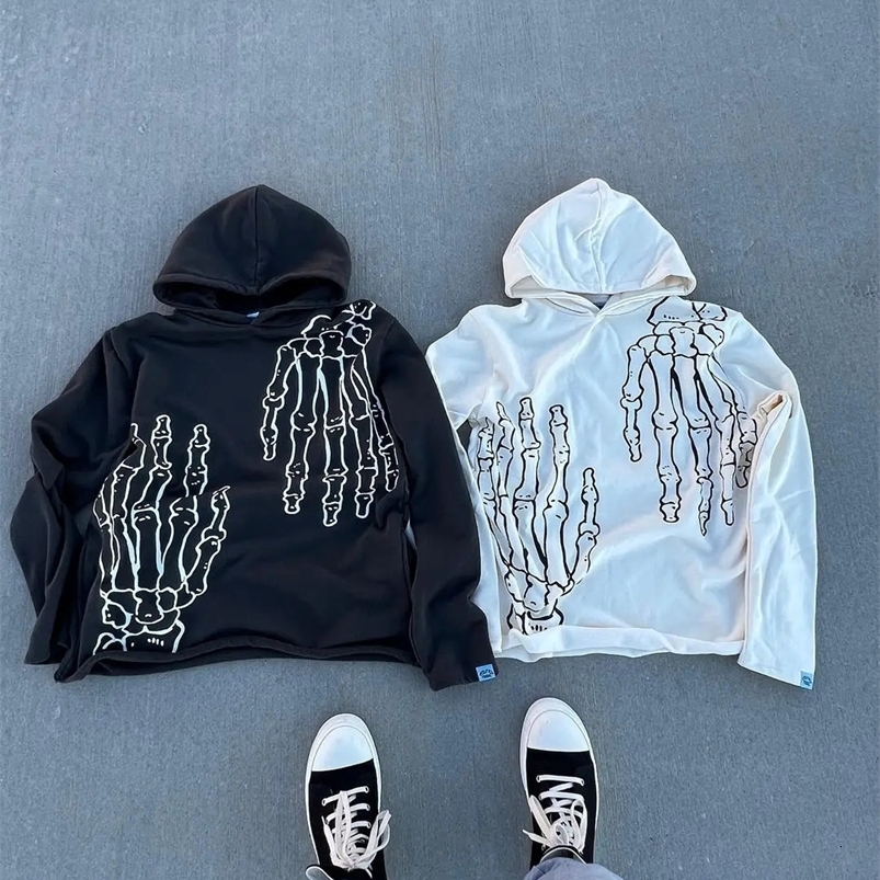 Harajuku Fee Me Skull Hand Hoodies Women Streetwear Vintage Oversized Hoodie Y2k Top Sweatshirt Casual Tracksuit Men Clothing 240822