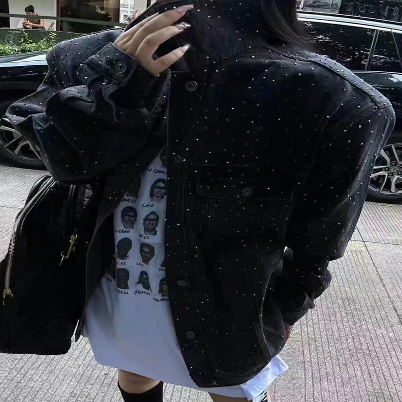 BKQU Rhinestone Shiny Jacket Women Oversized Black Denim Coats Fashion Lapel Single Breasted Long Sleeve Loose Jean Coat 250122