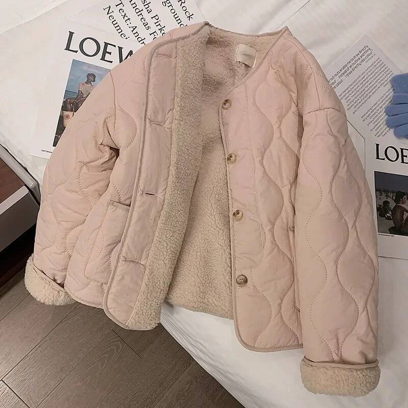 Korean version of pink clothes women's winter new thick round neck lambswool coat cotton-padded jacket dongdumaoyi