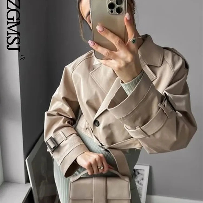 Nlzgmsj Khaki Cropped Trench Women Long Sleeves Cropped Jacket Chic Lady High Street Loose Coats Top Female 240824