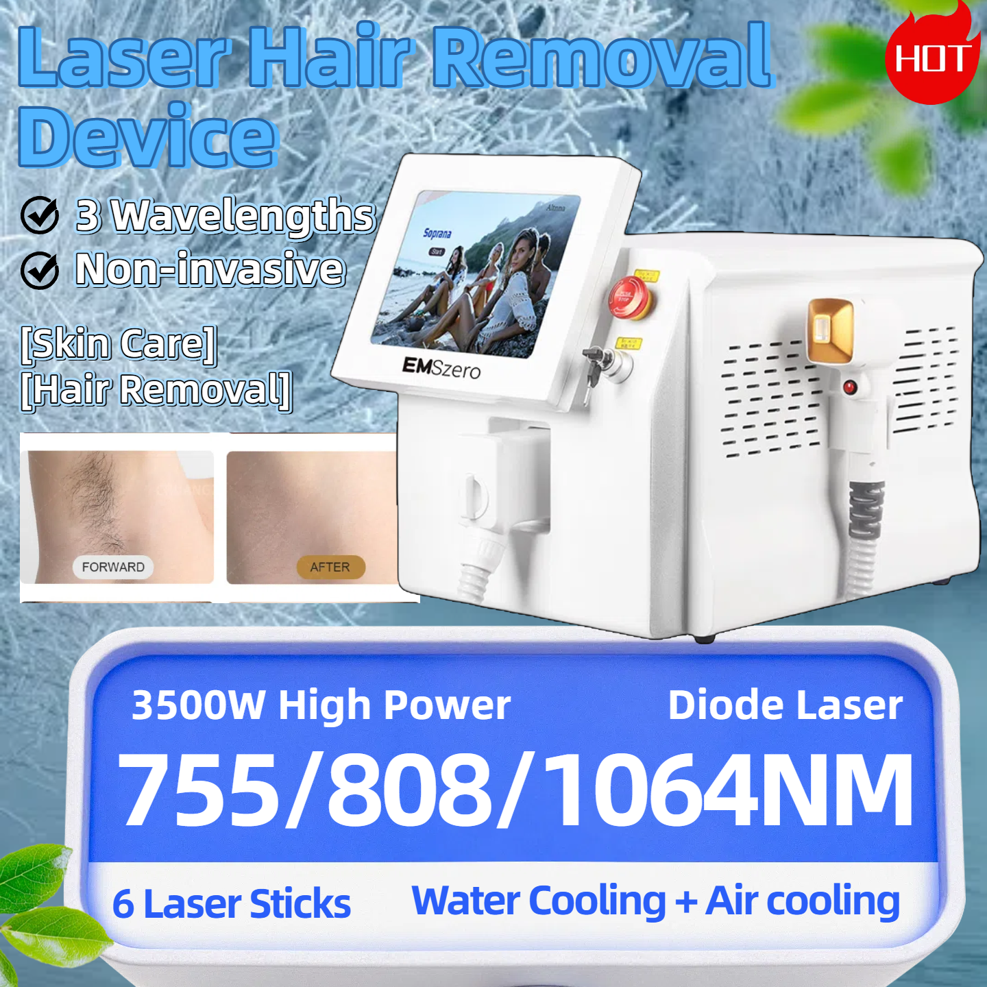 808nm Professional Diode Laser Hair Removal Machine, 3 Wavelengths (755/808/1064), Ice Platinum, Permanent Depilation Reduce Hair Follicles+Tender Ski