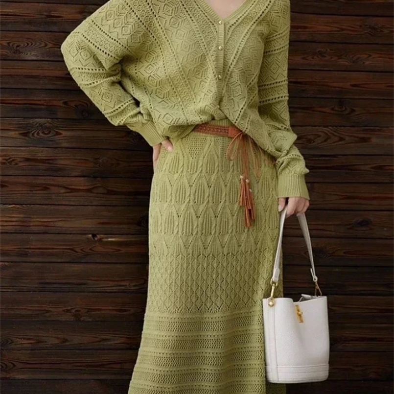 Korean Fashion Slim High Waist Long Skirt Set Autumn Elegant Sets for Women 2 Pieces Loose V-neck Knitted Cardigan Two-piece Set 240820