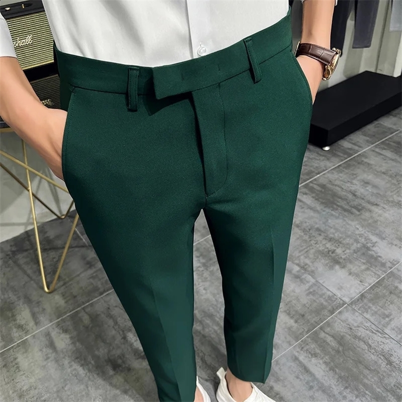 Summer Fashion Mens Dark Green Suit Pants Pure Color Business Occupation Slim Fit Dress Office Ankle Trousers 240827