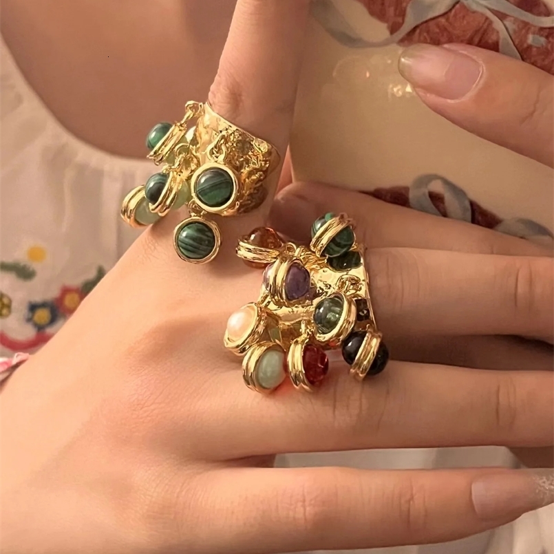 Vintage Natural Stone Pendant Tassel Open Rings Exaggerated Chunky Party Travel Jewelry Gift for Women Girl 240125