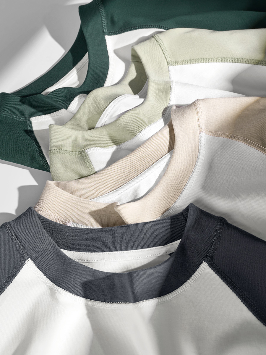 Unisex Loose Raglan Sleeve T-Shirt Cotton, Color Block, Non-See-Through Short Sleeve, Comfortable Summer Undershirt for Men & Women-75Z