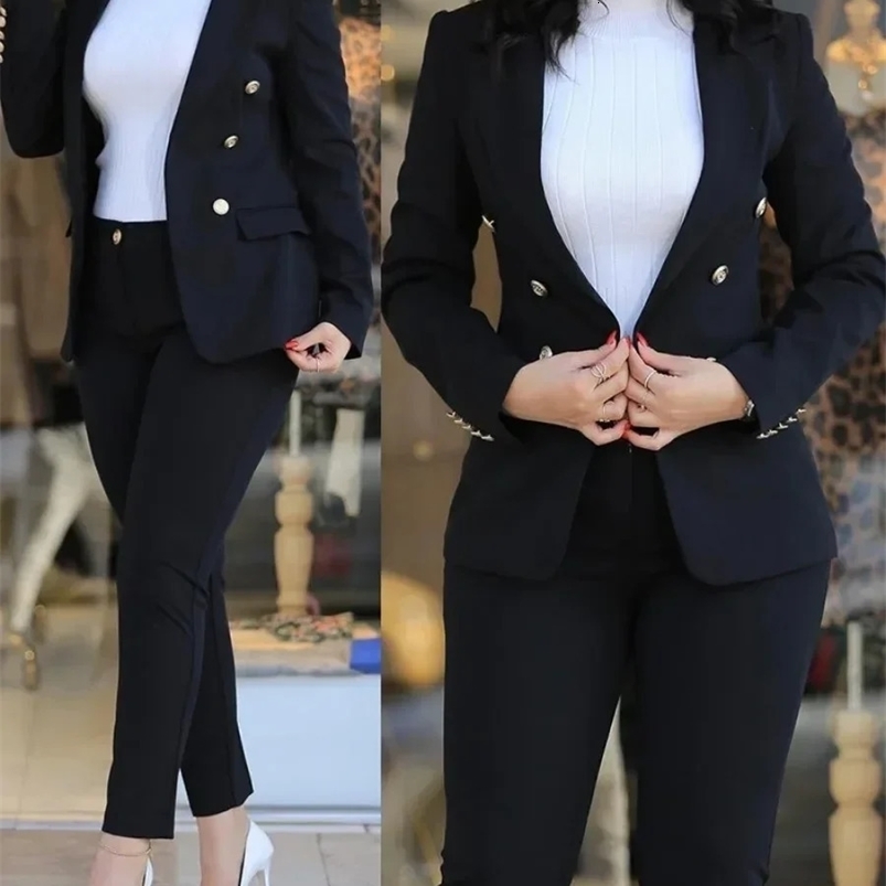 Womens Office Business Pant Sets 2PCS Solid Double Breasted Blazers Jacket and Pants Sets Two Pieces Female Pant Suits Set 240826