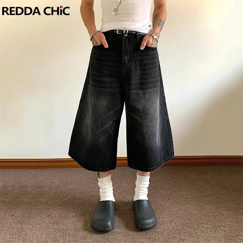 REDDACHiC 90s Retro Black Brushed Denim Shorts Men Washed Whiksers Low Rise Frayed Loose Wide Leg Baggy Jorts Y2k Korean Clothes 240906