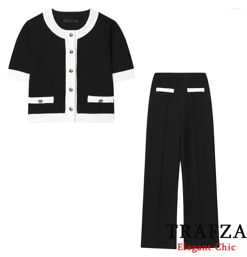 Women's Two Piece Pants TRAFZA Women Elegant Set Contrast-Color O-neck Short-Sleeve Coat High Waist 2025 Spring Autumn Fashion Casual