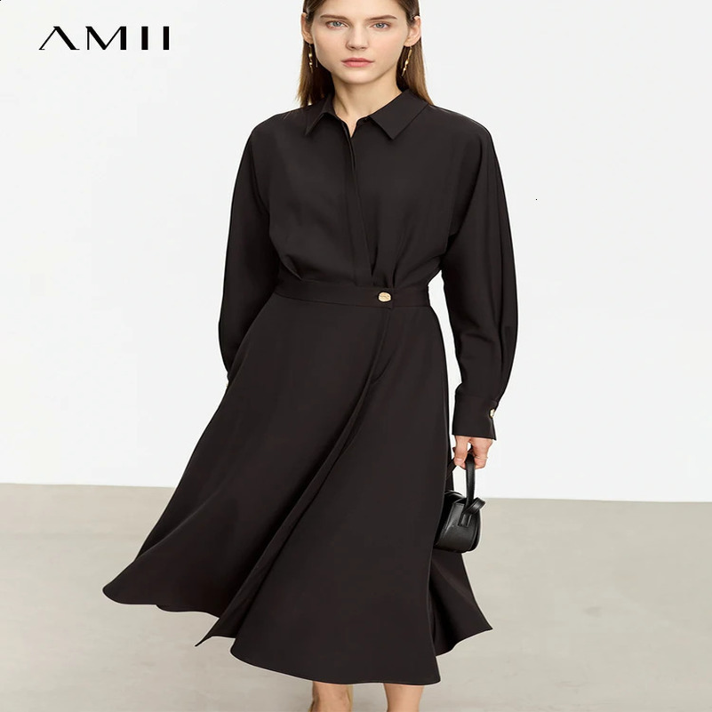 AMII Minimalist French Long-sleeve Shirt Dress for Women Autumn A-line Office Lady Solid Midi Dresses Vestidos 12343290 250122