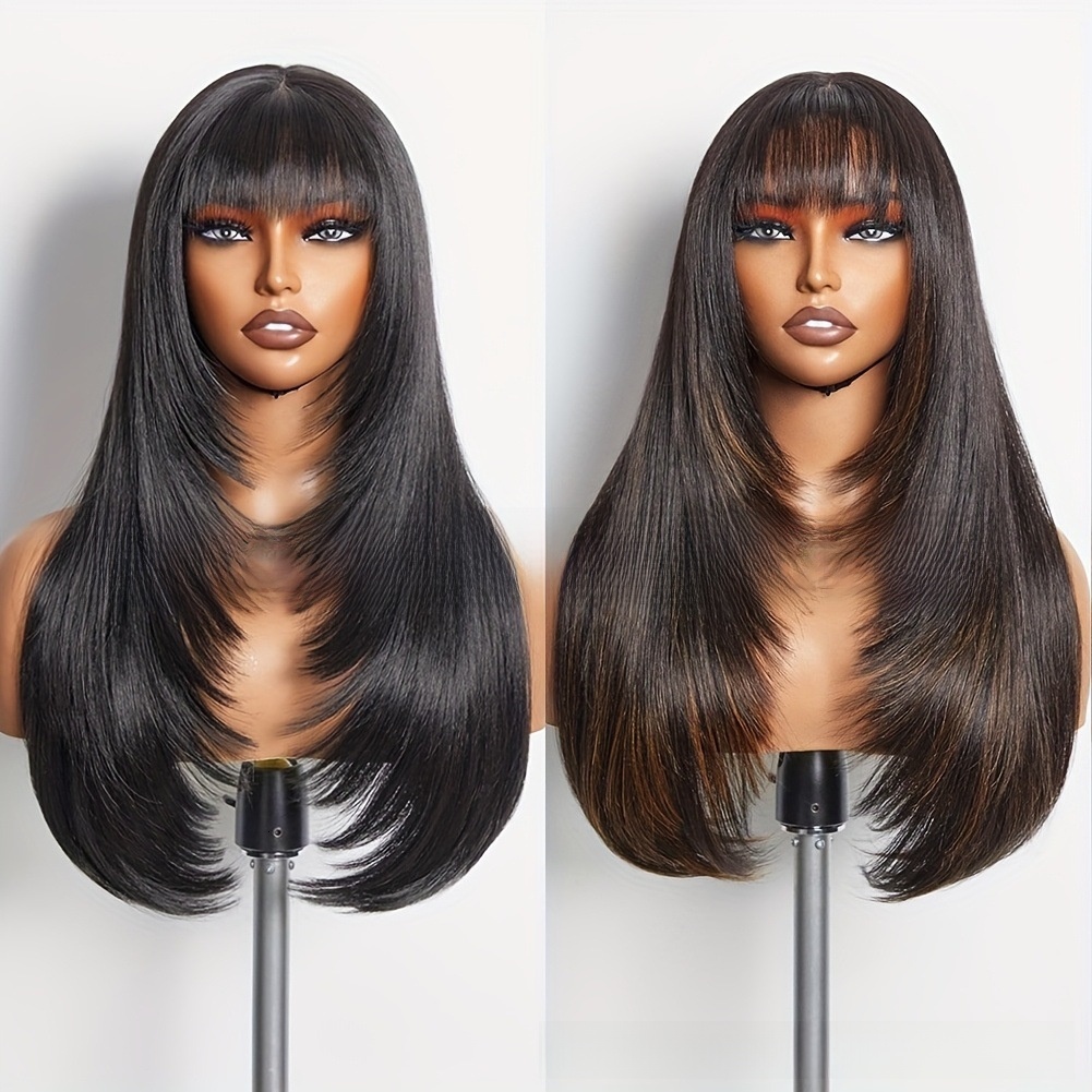 Black Straight Long Layered Wig With Bangs For Women High-Quality Hair - Manufacturer Direct Sales