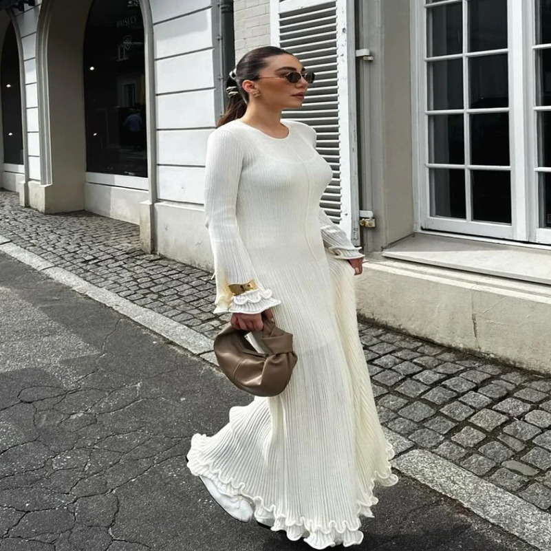 Womens Chic Ruffles Backless Lace Up Knitted Maxi Dress Elegant Round Neck Flare Long Sleeve Vestido Lady Fashion Robe 250122