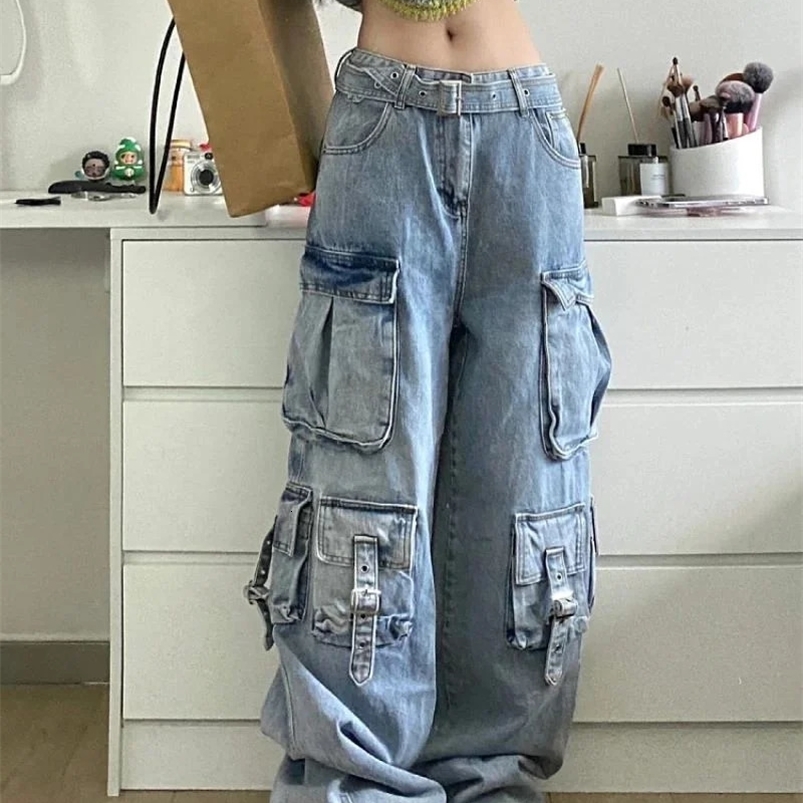 Ladies Cargo Jeans American Street Style Baggy Cargo Pants Women Blue Multi-pocket High-waisted Wide Leg Trousers For Women 240822