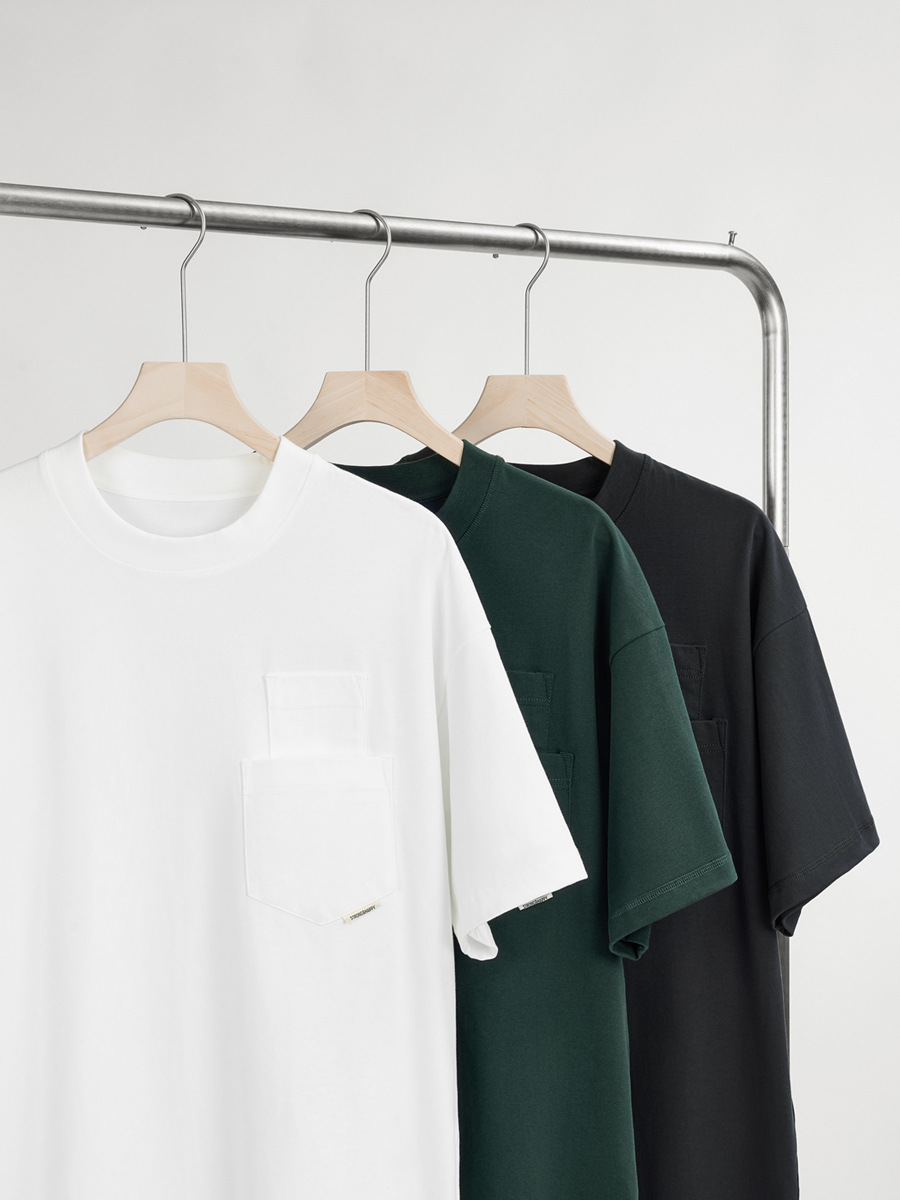 Spring-Summer Men's Street Tee - Pure Cotton Solid Color, Double Pocket Detail, Split Cuff Short Sleeve, New Arrival-58M