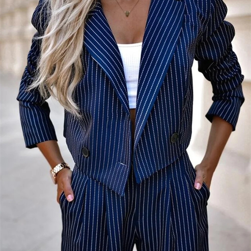 Women Elegant Suits Long Sleeve Button Decor Striped Blazer Coat and High Waist Wide Leg Pants 2pcs Set 240826