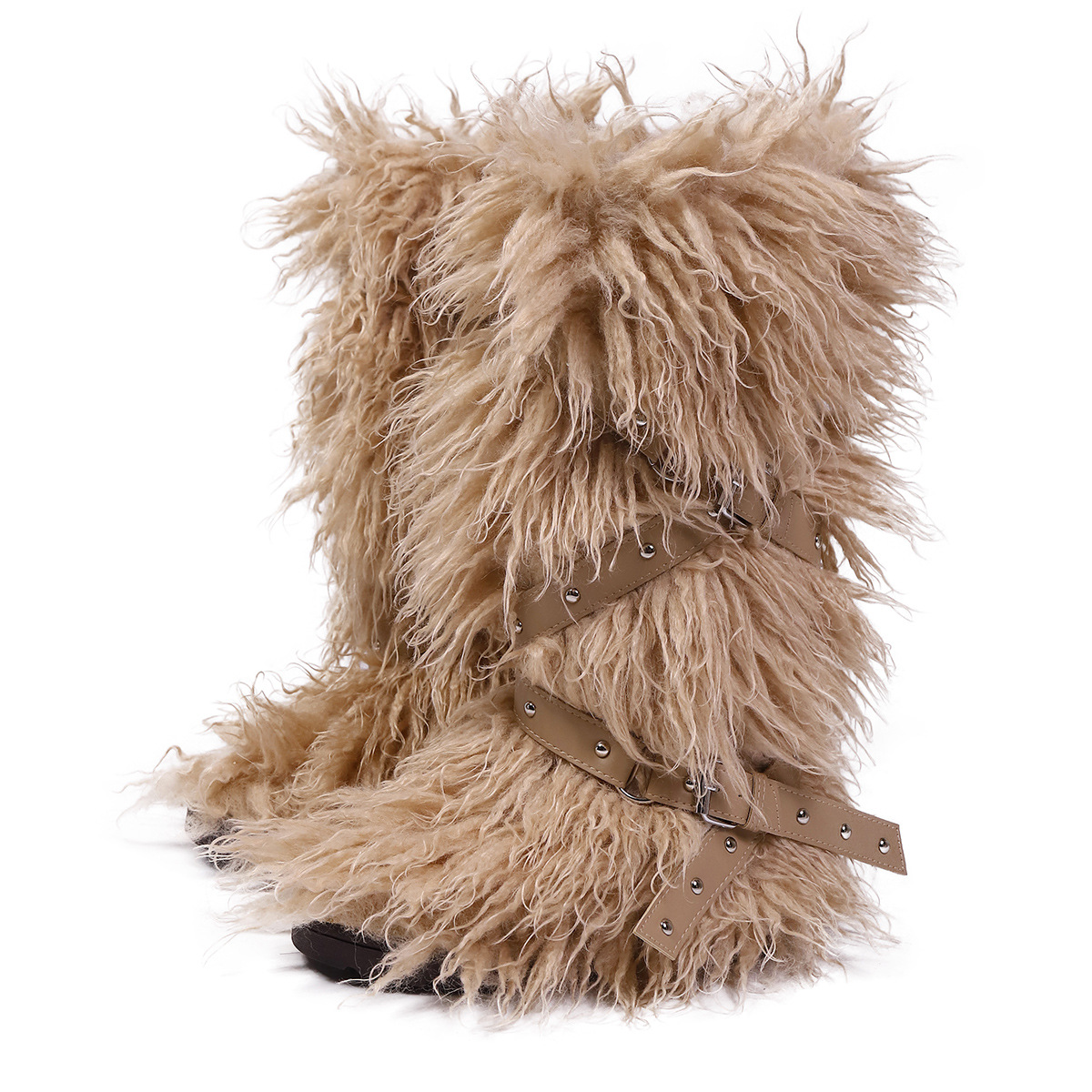 Designer shoes free shipping New leopard print high tube tied furry boots with children's velvet and rivet thick bottom snow boots grey khaki