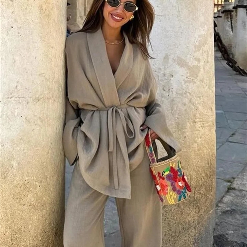 Women Casual Lace Up 2 Pieces Sets Lapel Long Sleeve Shirts Chic Female Suit Spring Loose Drawstring Wide Leg Pants Outfit 240826