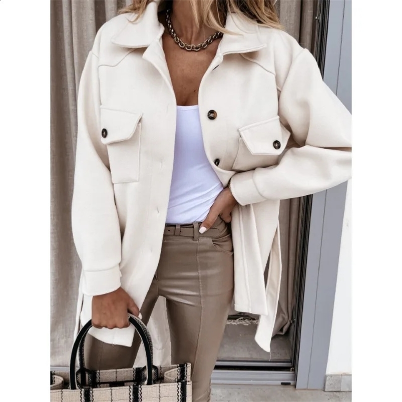 Autumn Winter Womens Lapel Single Breasted Thicken Solid Shirt Woolen Loose Coat Commuting Woman Fashion Long Sleeved Jacket 240822