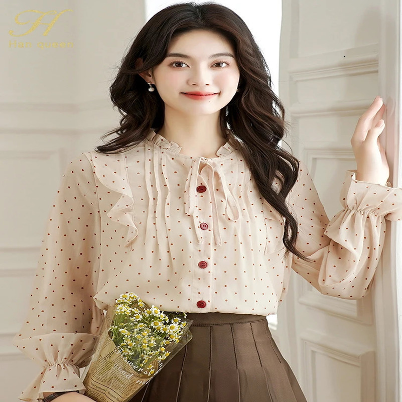 H Han Queen 2025 French Style Womens Top Chiffon Spring Chic Polka dot Shirt Long Sleeve Shirt Retro Casual Blouses 250417