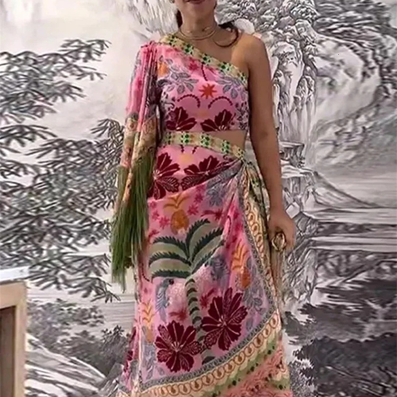 Diagonal Shoulder Tassel Midi Dress Women Chic Waist Hollow Out Asymmetric Irregular Hem Dress Summer Party Evening Vestido 240828