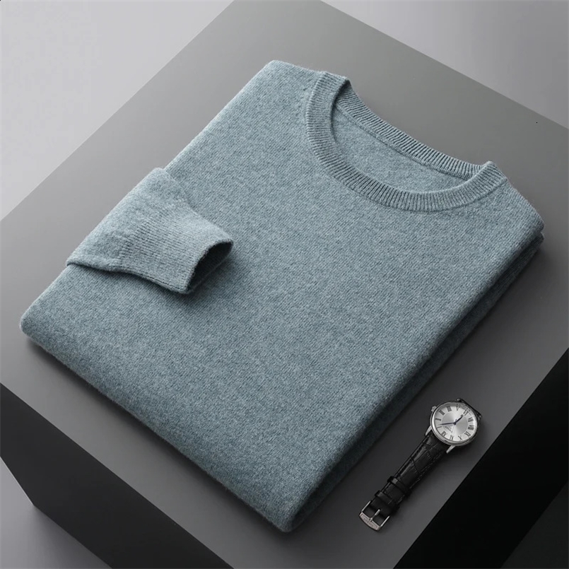 100% merino wool mens sweater O-neck knitted long-sleeved mens pullover basic solid color casual fashion mens top 240826