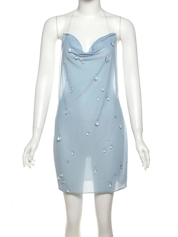 Weird Puss Small Raindrops Decoration Dress Women Halter LowNeck Sexy See Through Backless tie Street Hipster Mini Bodycon 250922