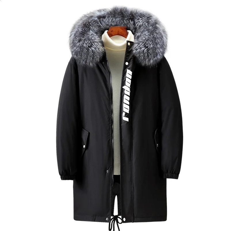 Fashionable long couple fox fur collar thick down jacket mens comfortable insulated winter warm jacket 241021