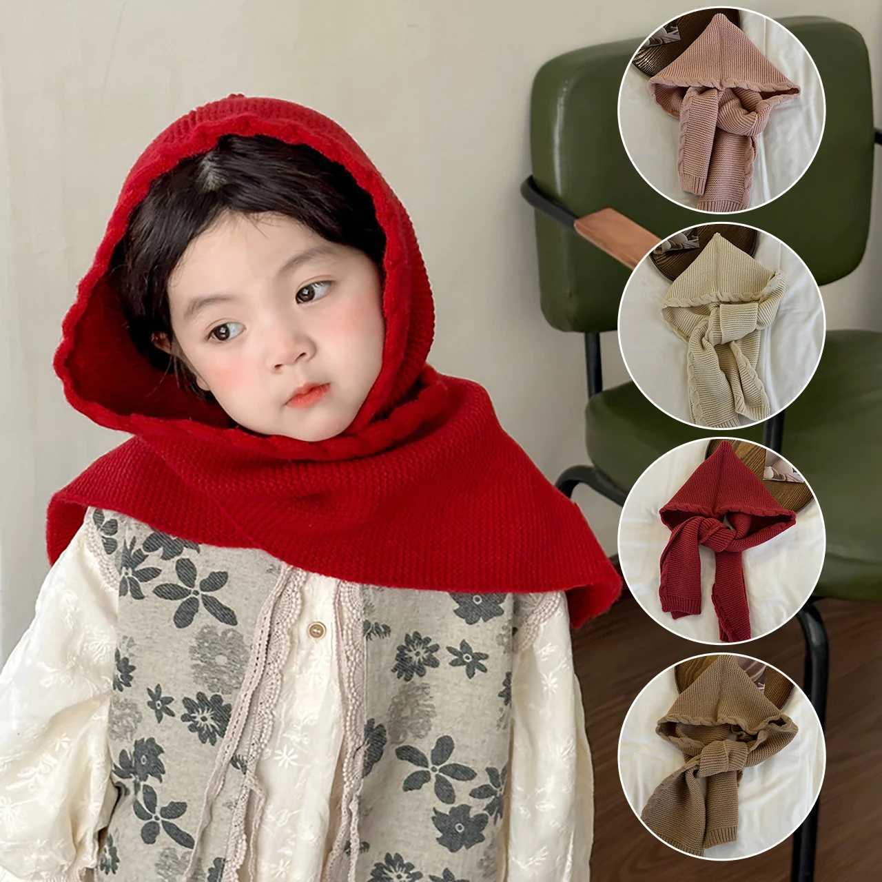 Korean Girls Balaclava Scarves Cap Solid Color Woolen Hat Children Scarf Fashion Kids Knit Shawl 210Year Winter Warm Headgear Z251029
