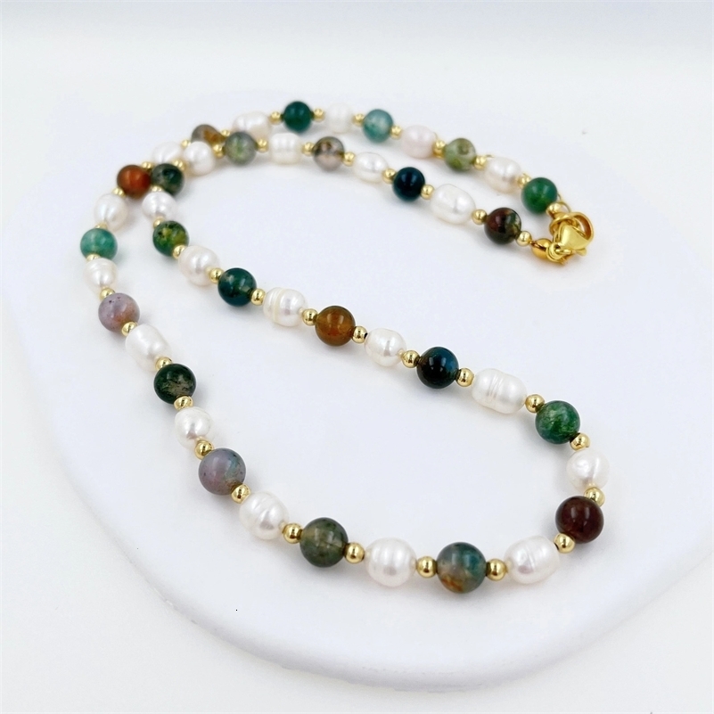 Natural Stone Baroque Fresh Water Pearl Necklace Colour India Agate Bead Clavicle Chain Trendy Charm Handmade Jewelry Women 240510