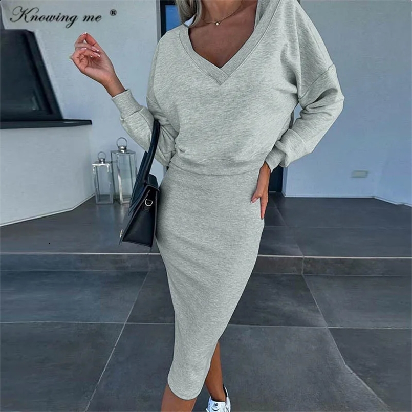 Fashion two piece Set Dress Womens Autumn Sexy V neck Long sleeve pullover top and skirts Two Piece Set dress 240820