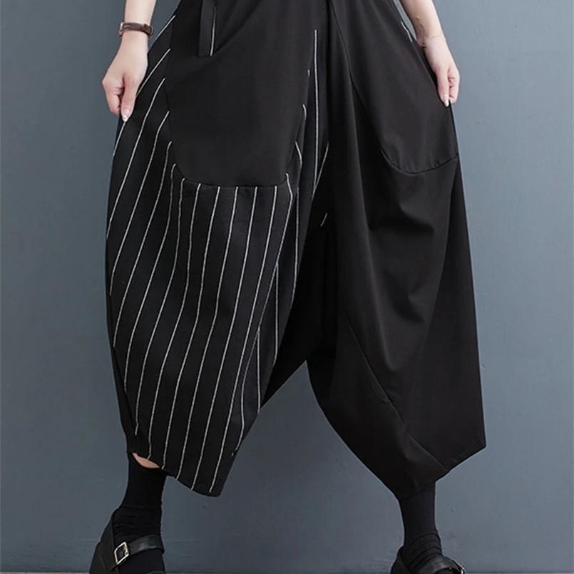 Black Vintage Patchwork Striped High Waist Wide Leg Pants Women Loose Casual Ladies Trousers Fashion Streetwear Summer 240820