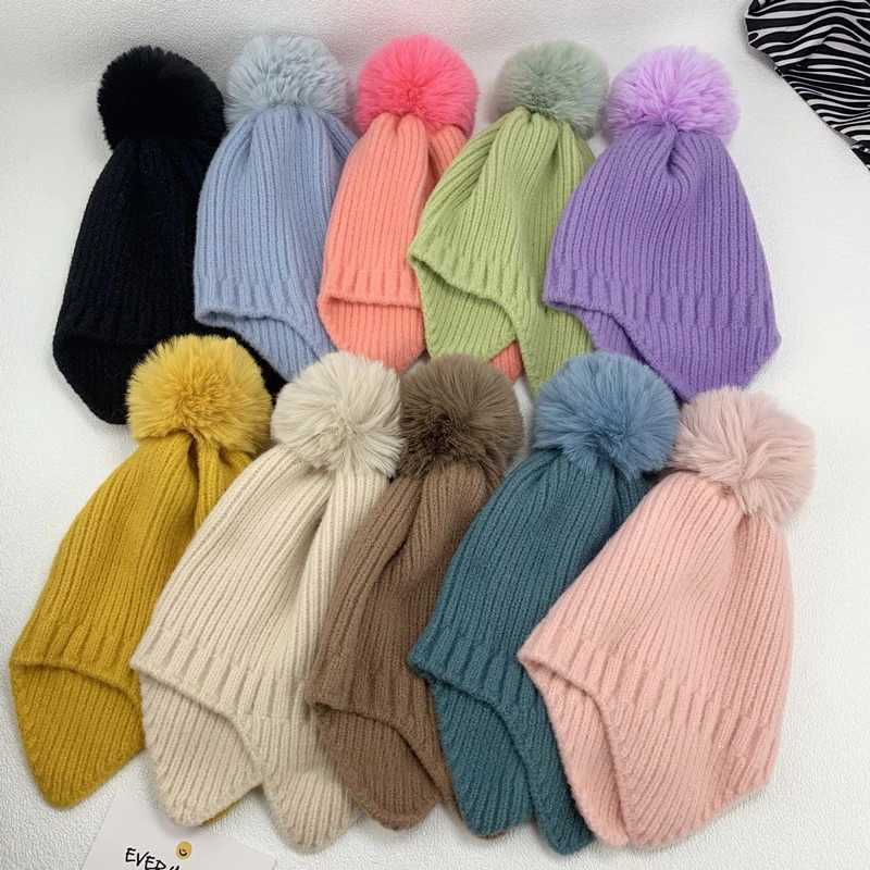 Fluffy Fur Ball Children Knitted Hat Winter Baby Ear Protection Pullover Cap 25year Kids Woolen Earmuffs Caps Pompom Beanies Z251029