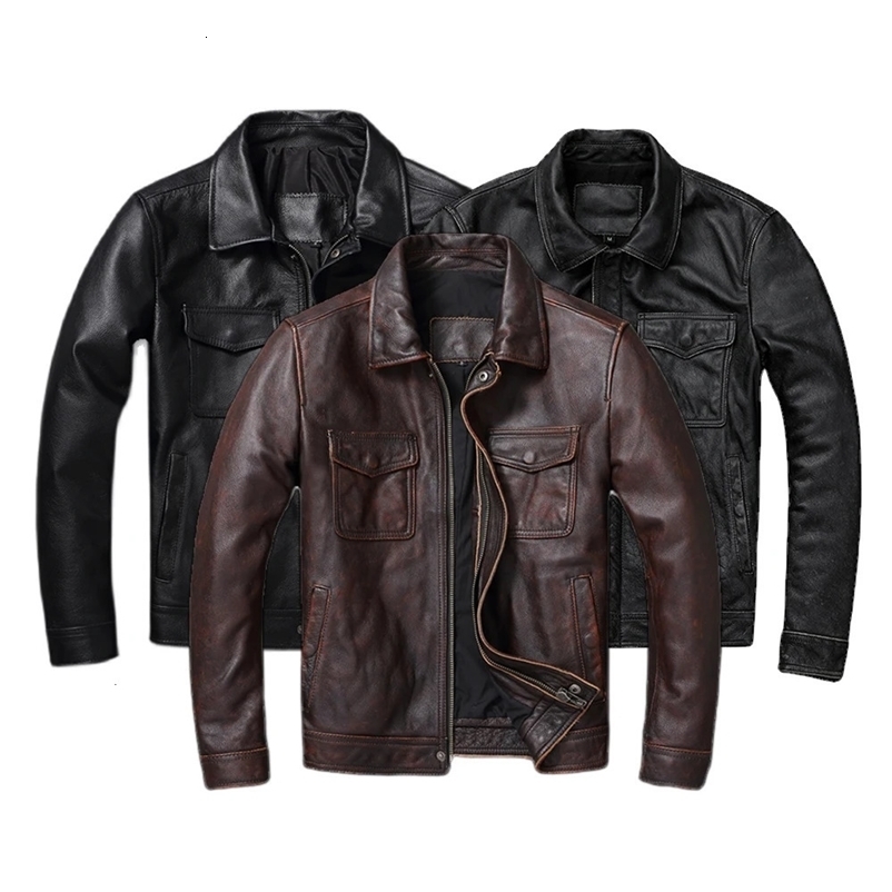 Vintage Brown Red Genuine Leather Jacket Men 100% Cowhide Natural Leather Jackets Man Leather Autumn Clothing Coat Cow Jacket 240715