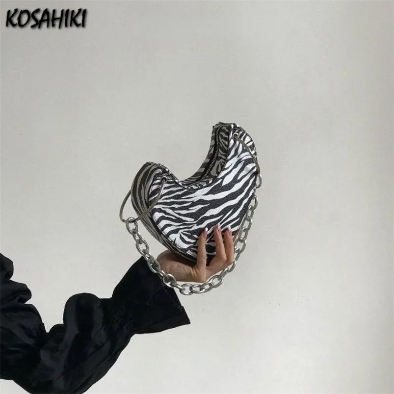 Zebra Pattern Heart Shoulder Top-Handle Bags Y2k Aesthetic Elegant Sweet Chain Womens Handbags Korean Casual Underarm Bag 240620