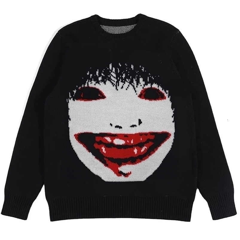 Casual Hip Hop Streetwear Knitted Sweater men Gothic portrait Print Pullover autumn Harajuku Cotton sweater Ghost Y2K 240821