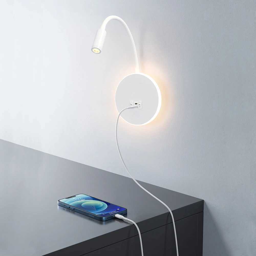 AC 100240V Modern LED Reading Wall Lamp Gooseneck Besides Lamp with 21A USB TypeC Charging Port for Bedroom Living Room C251124