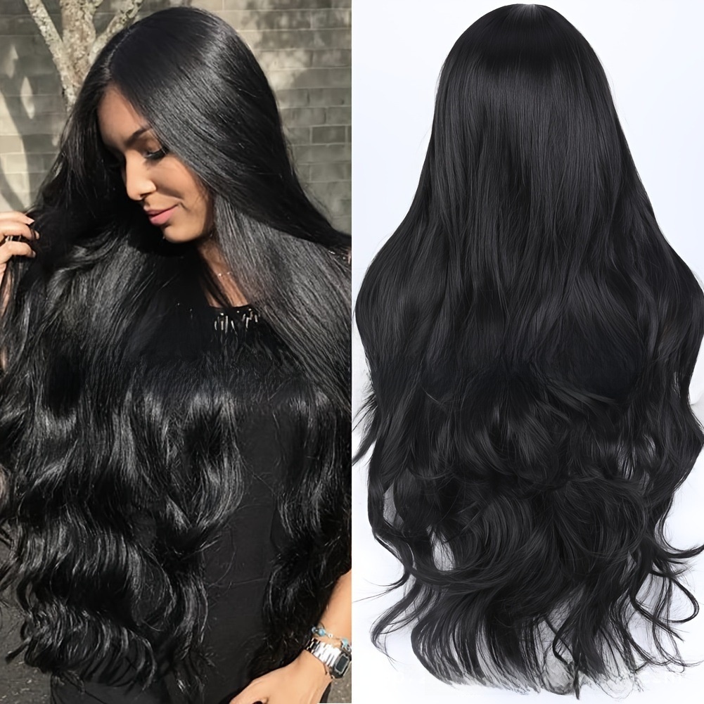 Wig for Women - Black Burgundy Center-Parted Fashionable Long Curly Hair with Large Waves - Synthetic Full-Head Wig