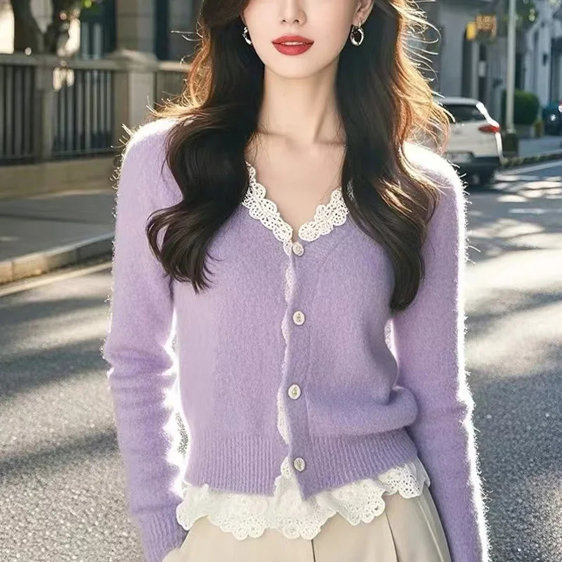 Women Clothing Lace Knitted Sweater V-neck Chic Button Slim Cardigan Autumn Winter Fashion Comfortable Knitwear Tops 250121