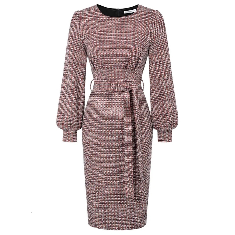 Jasambac Women Tweed Dress Autumn Korean Style OL Elegant Long Sleeve Hips-wrapped Crew Neck Back Slit Bodycon Dress With Belt 240529