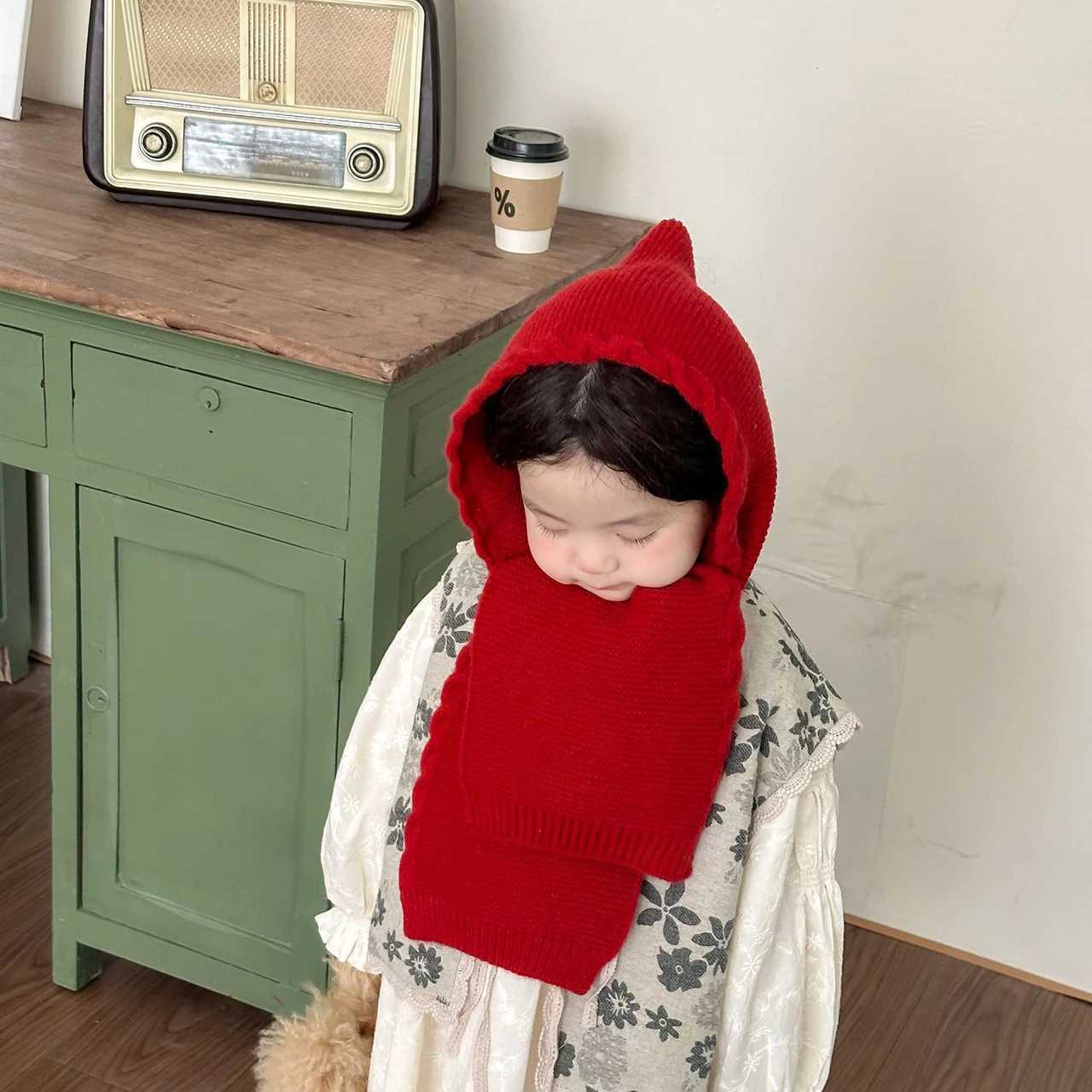 Korean Girls Balaclava Scarves Cap Solid Color Woolen Hat Children Scarf Fashion Kids Knit Shawl 210Year Winter Warm Headgear Z251029