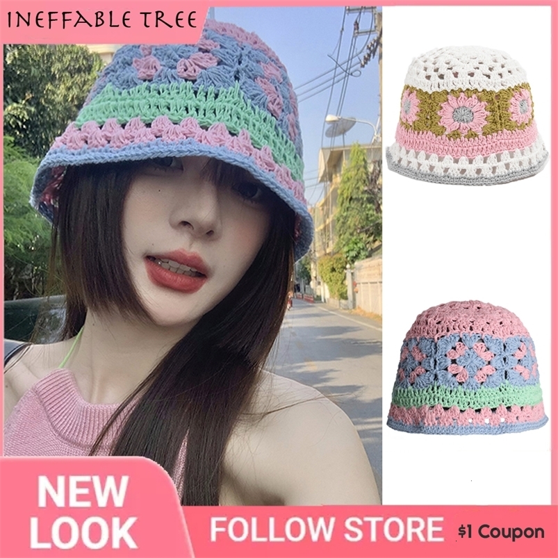 Wide Brim Hats Bucket Hats Y2K Cotton Knitted Crochet Flower Bucket Hat Fisherman Hats for Women Sweet Handmade Hollow Basin Beanie Hat Gorro 230509