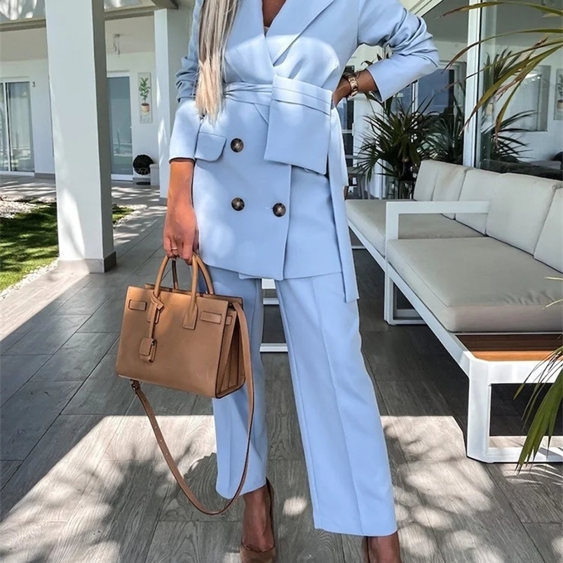 TYHRU Women office Pant Suit Double breasted Full Sleeve Blazers JacketWide leg Pant Two Pieces Set Lady Outfits Work Clothes 240826